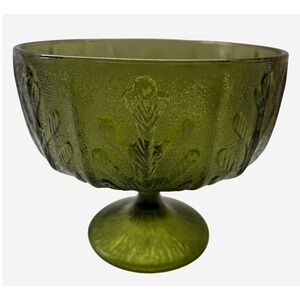 Vintage Avocado Green Glass Compote Bowl Embossed Leaf Pedestal Dish 7 Inch